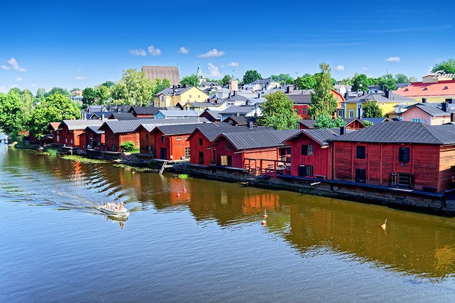 Finnish citizenship: Finnish wooden houses in Porvoo on the Porvoonjoki River, Finland