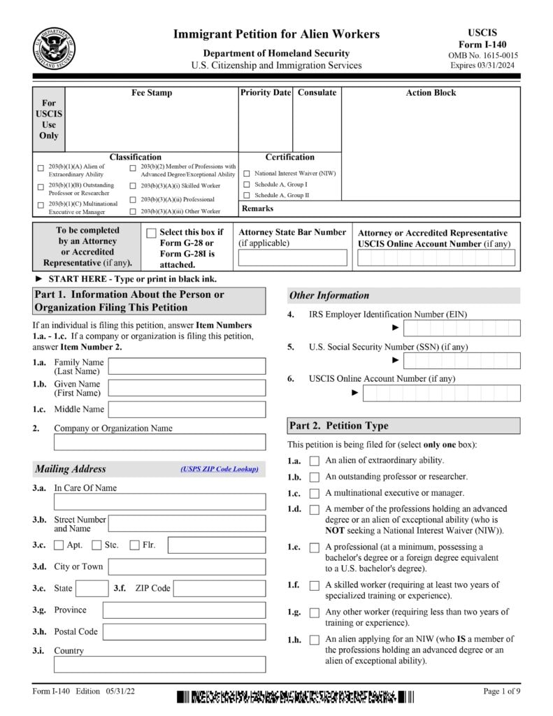 Form I-140 for US visas EB-1, EB-2 and EB-3