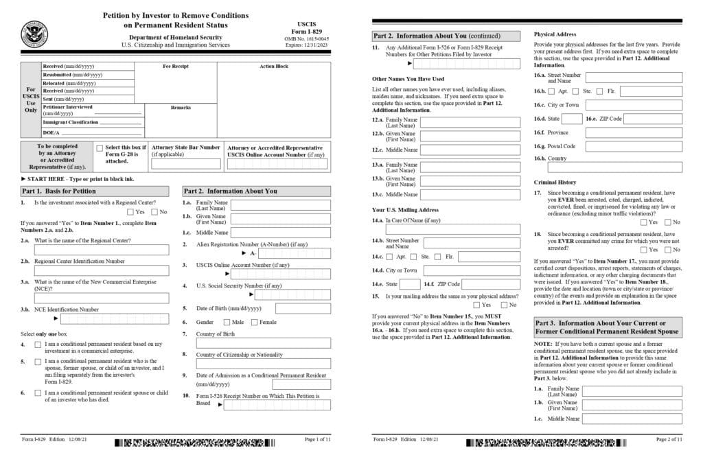 I-829 form to the United States